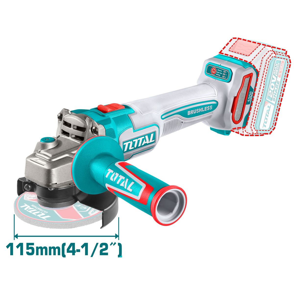 TOTAL TOOLS - Esmeril Angular Inalámbrico 20V 115mm 1000W Batería y Cargador Total