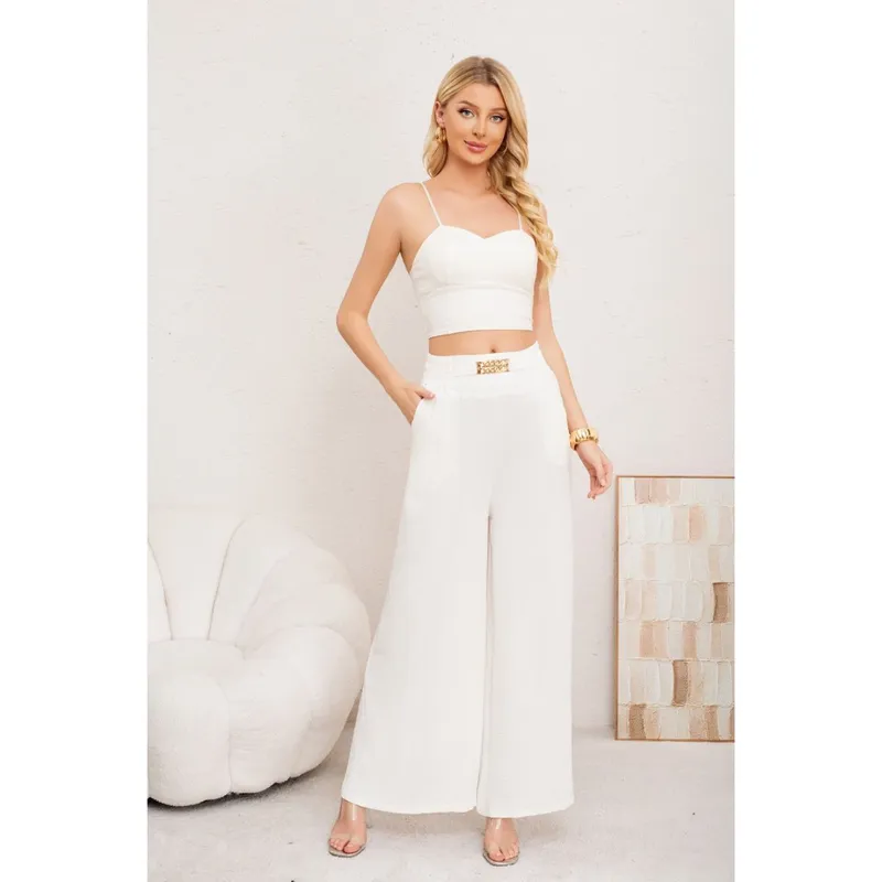 MPROPIA - Pantalon Palazzo Algodon Mujer Tipo Lino Bota Ancha Hebilla 3006