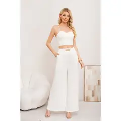 MPROPIA - Pantalon Palazzo Algodon Mujer Tipo Lino Bota Ancha Hebilla 3006