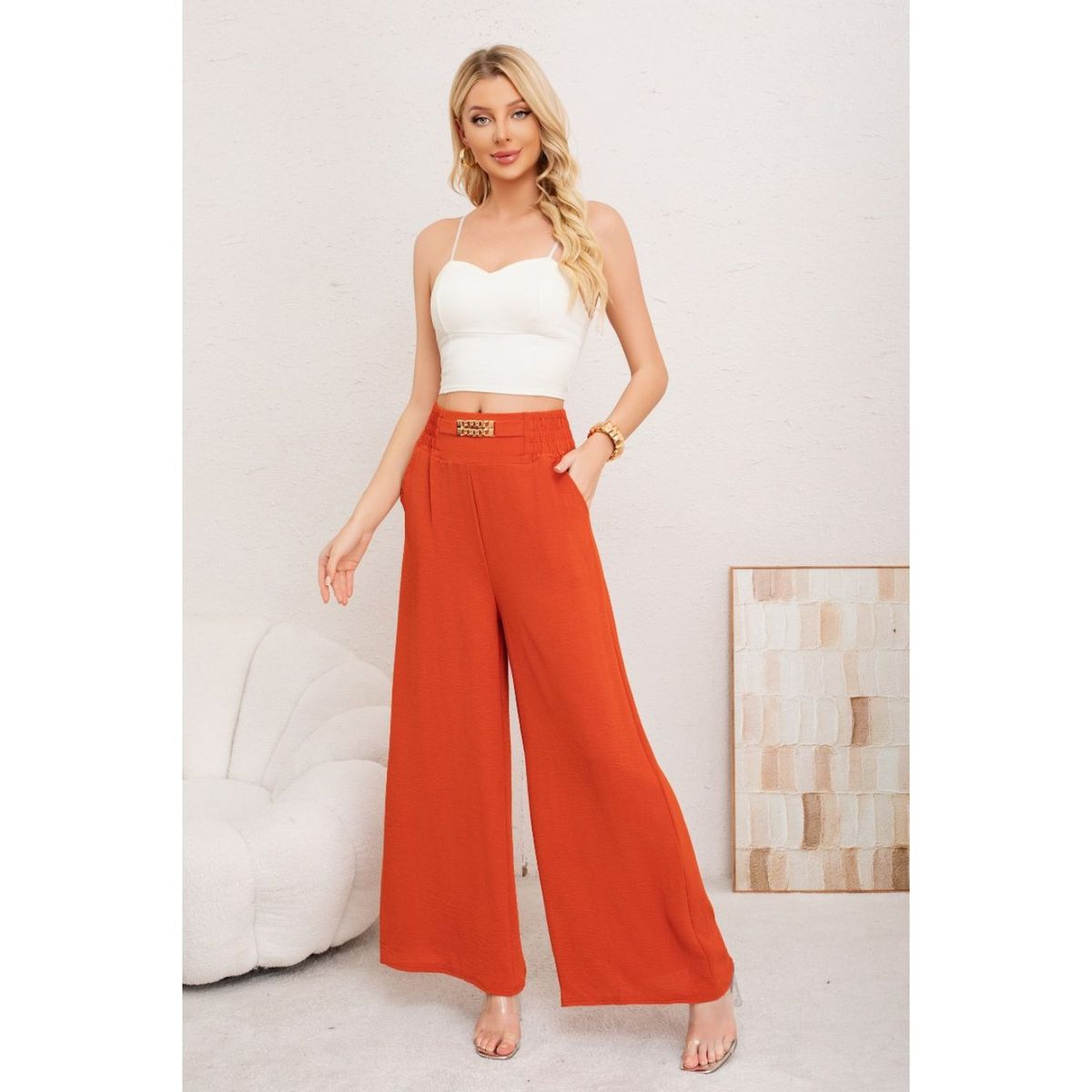 LIKE SHOP - Pantalon Palazzo Algodon Mujer Tipo Lino Bota Ancha Hebilla 3006