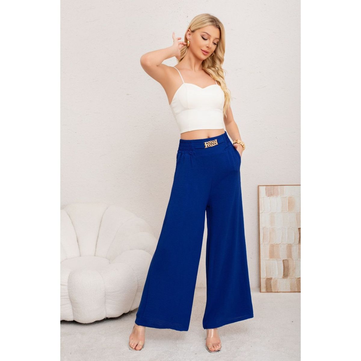 LIKE SHOP - Pantalon Palazzo Algodon Mujer Tipo Lino Bota Ancha Hebilla 3006