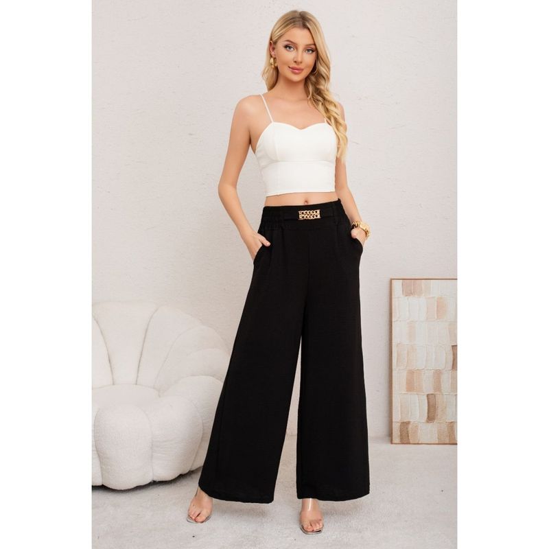 MPROPIA - Pantalon Palazzo Algodon Mujer Tipo Lino Bota Ancha Hebilla 3006
