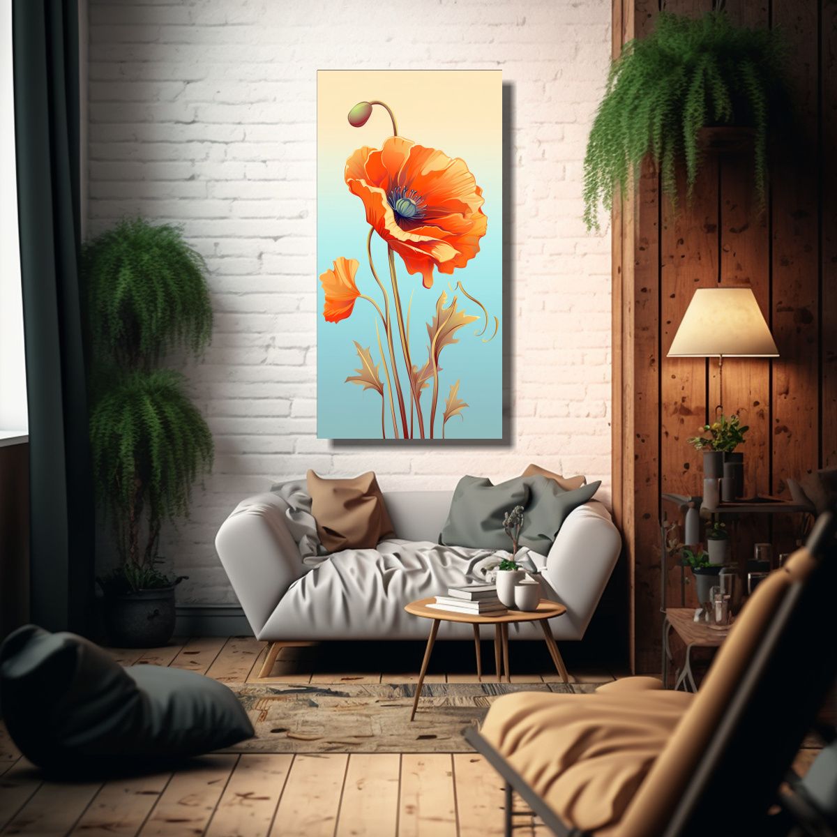 GENERICO - Cuadro Floral De Amapola Naranja En Tela Sublimada 70x140 Cm