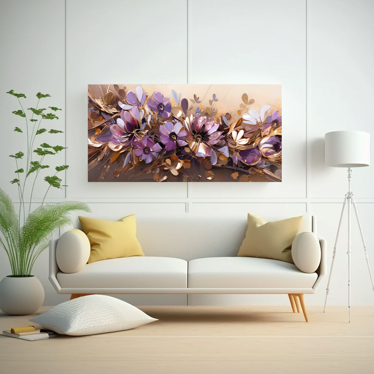 GENERICO - Cuadro De Arte Floral Morado Y Dorado Para 140x70 Cm