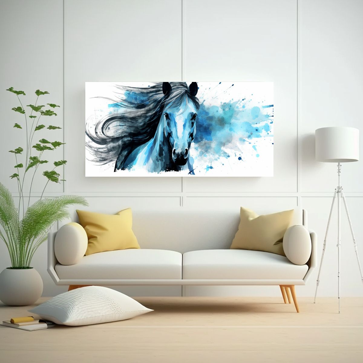 GENERICO - Cuadro Friesian Horse En Pastel Y Azul Estilo Neo 140x70 Cm.
