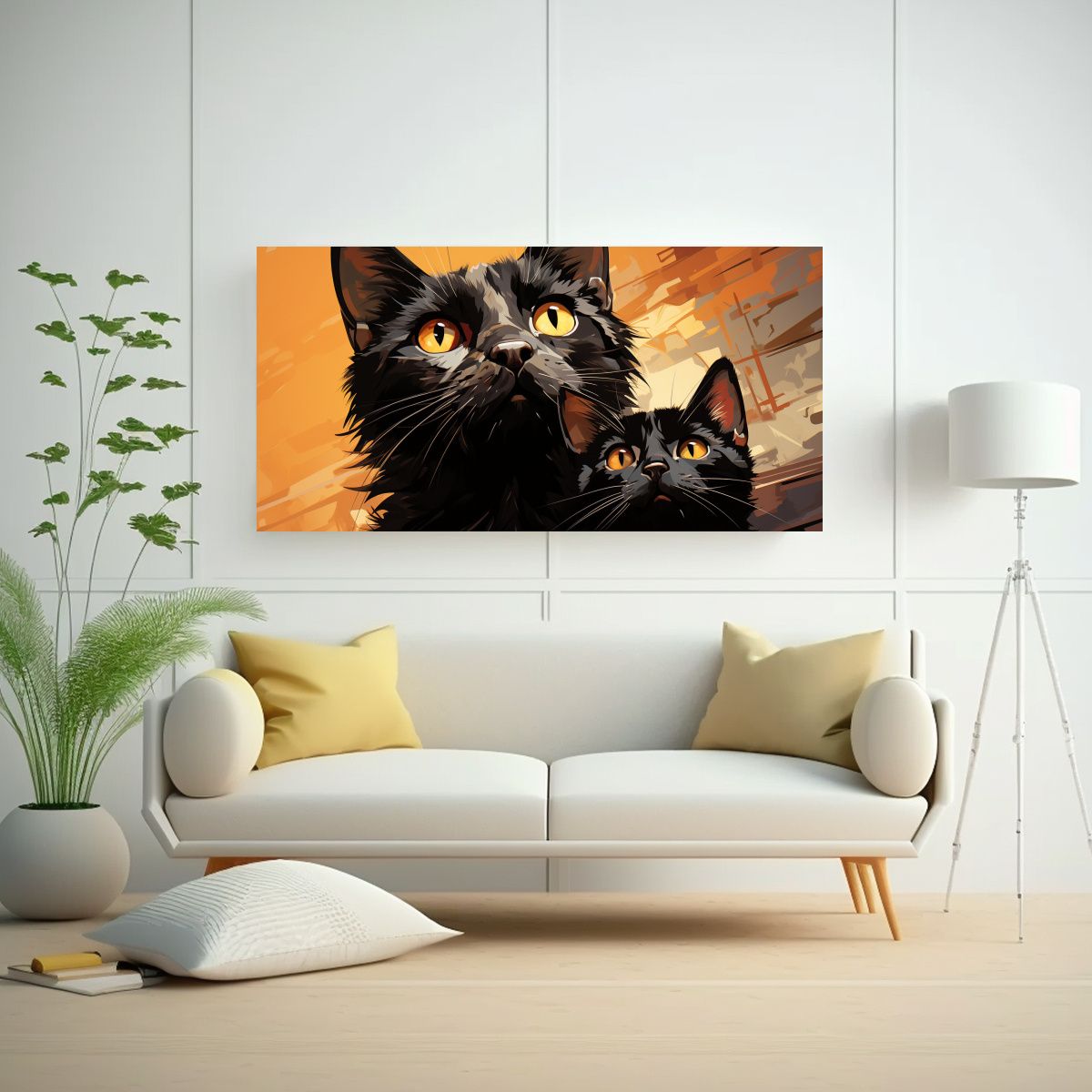 GENERICO - Cuadro Decorativo Gatos Negros En Lienzo Mirando 140x70 Cm