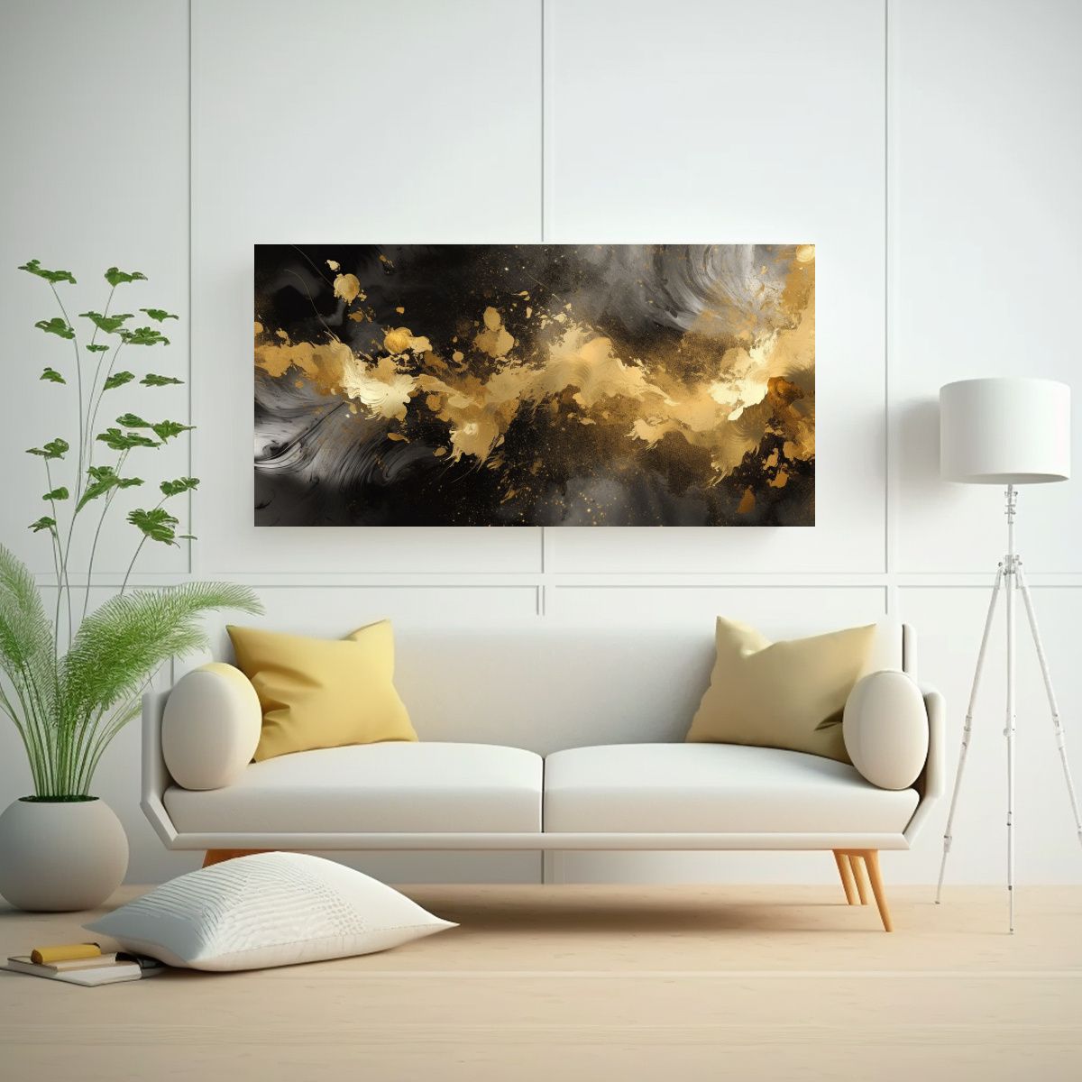 GENERICO - Pintura Digital Abstracta Negro Y Dorado Líneas 140x70 Cm.