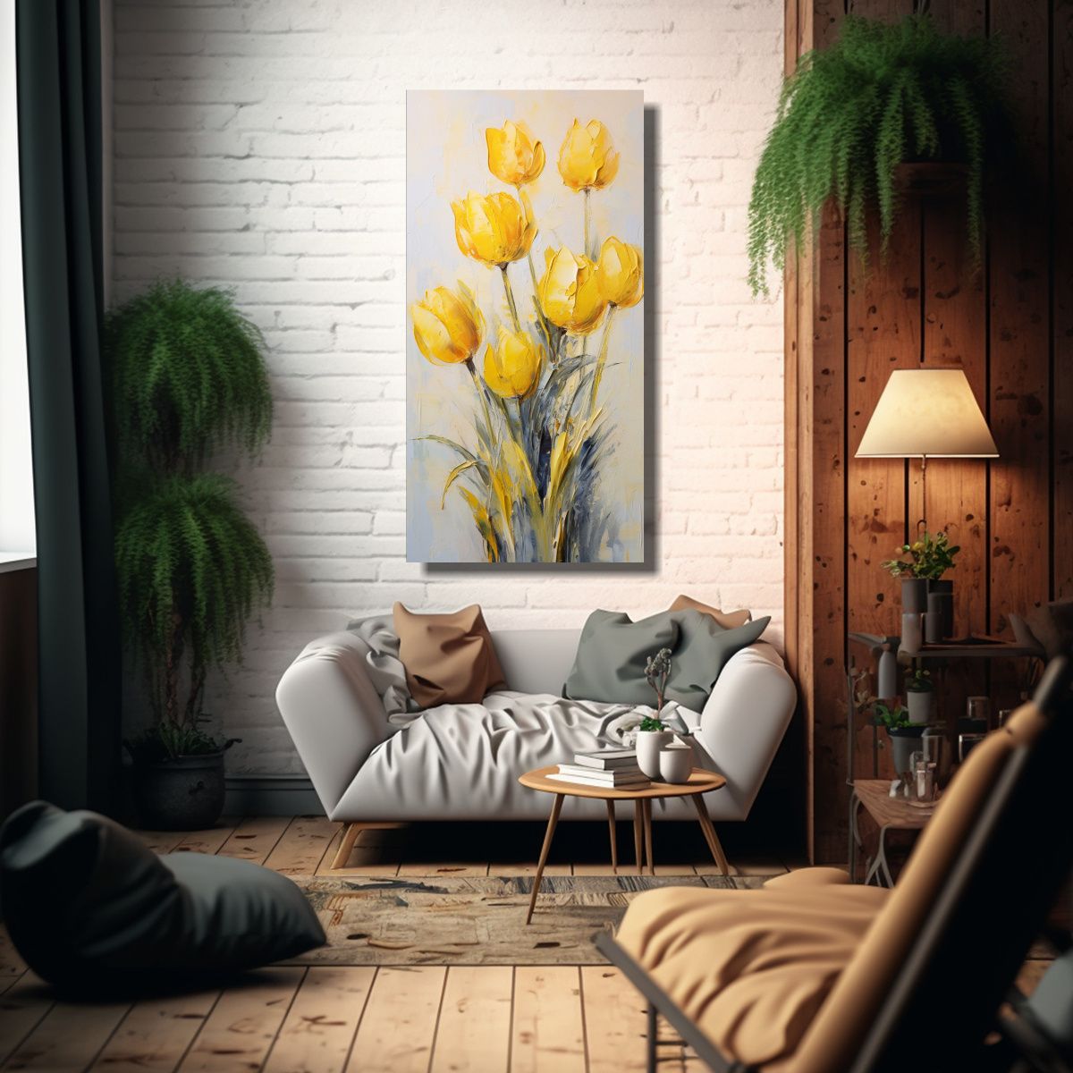 GENERICO - Pintura Vertical Amarilla De Tulipanes En Lienzo 70x140 Cm