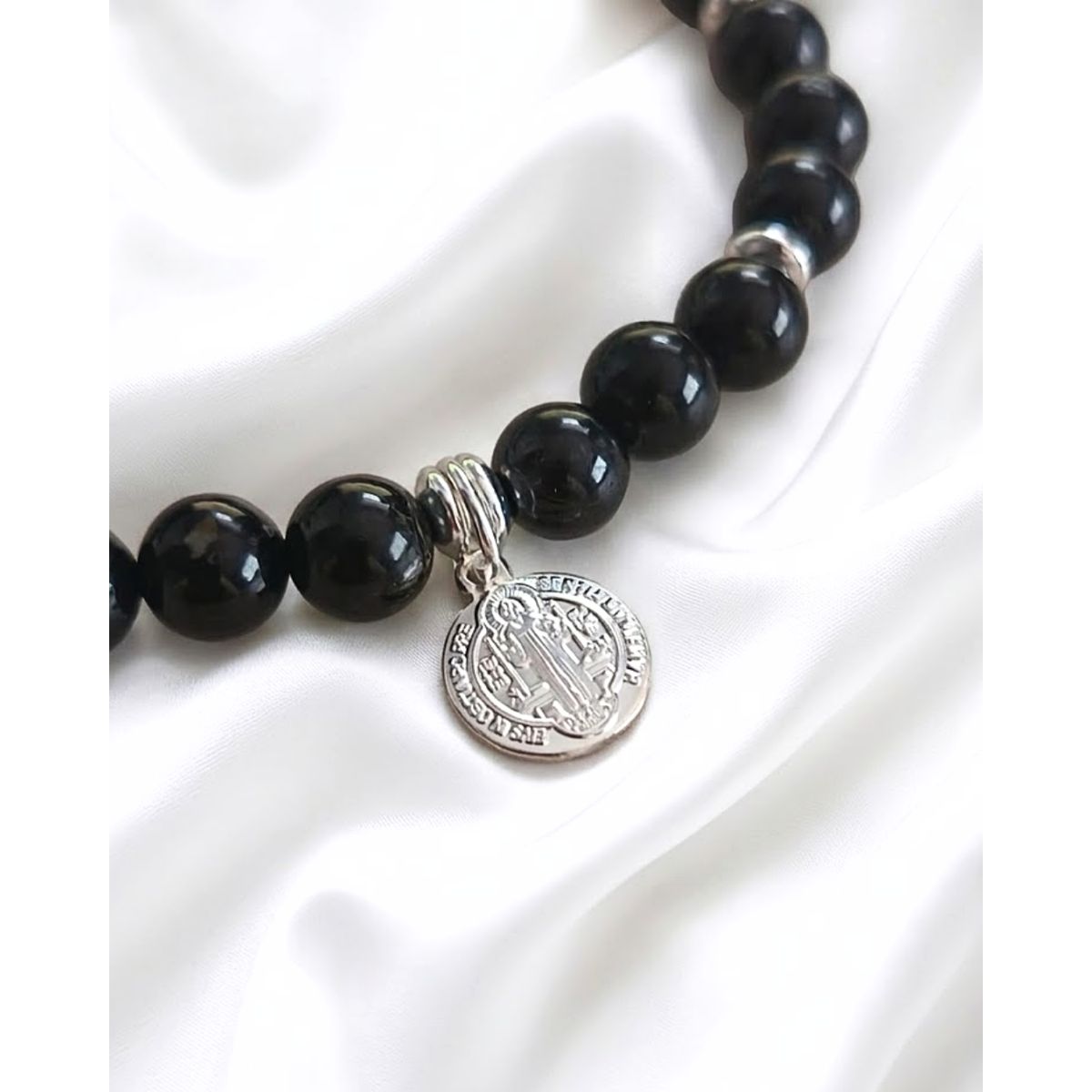 GENERICO - Pulsera Protección San Benito Plata y Turmalina negra
