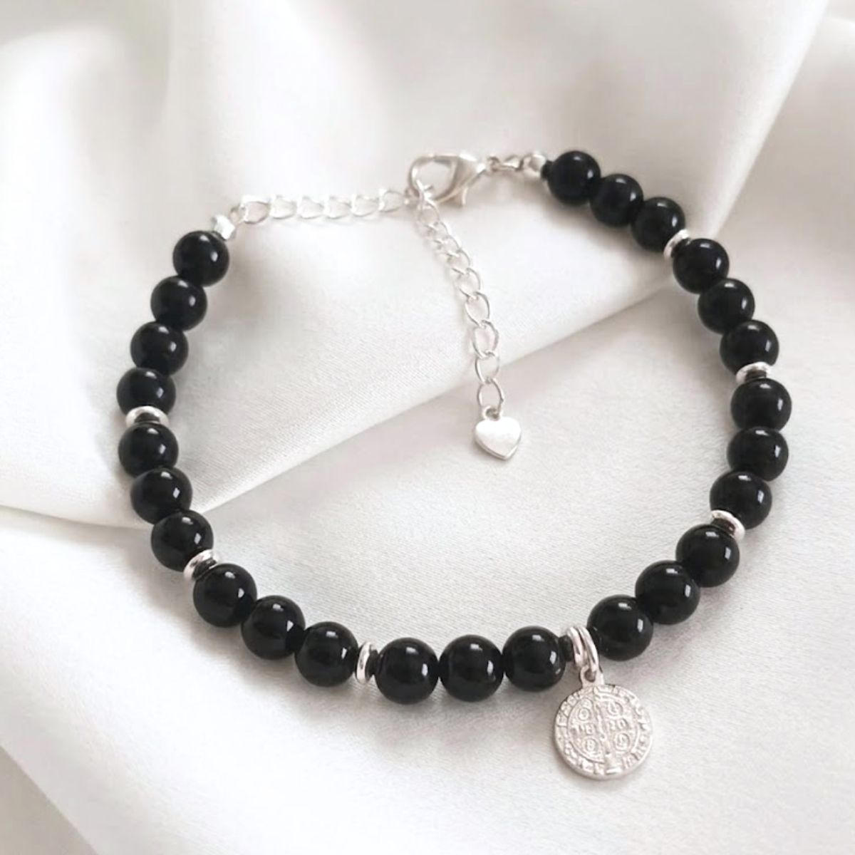 GENERICO - Pulsera Protección San Benito Plata y Turmalina negra