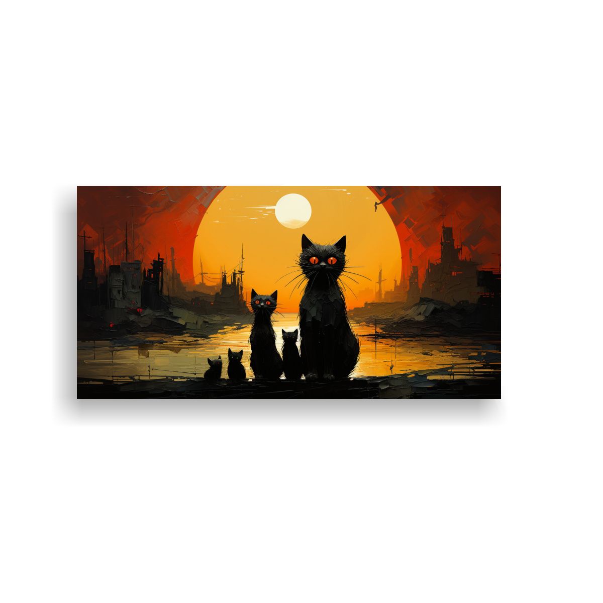 GENERICO - Pintura Lienzo Gatos Negros Sobre Pila Mirando 140x70 Cm.