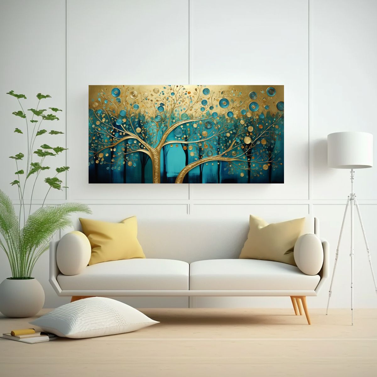 GENERICO - Cuadro De árbol En Turquesa Y Dorado Estilo Pop 120x60 Cm.