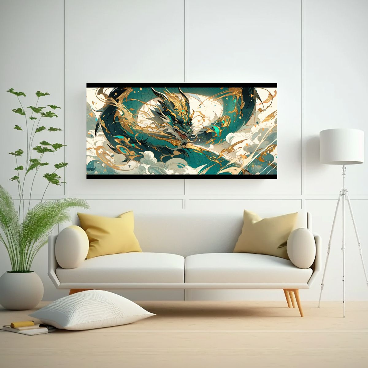 GENERICO - Cuadro En Bastidor Moderno Dragón Turquesa Y Oro 140x70 Cm