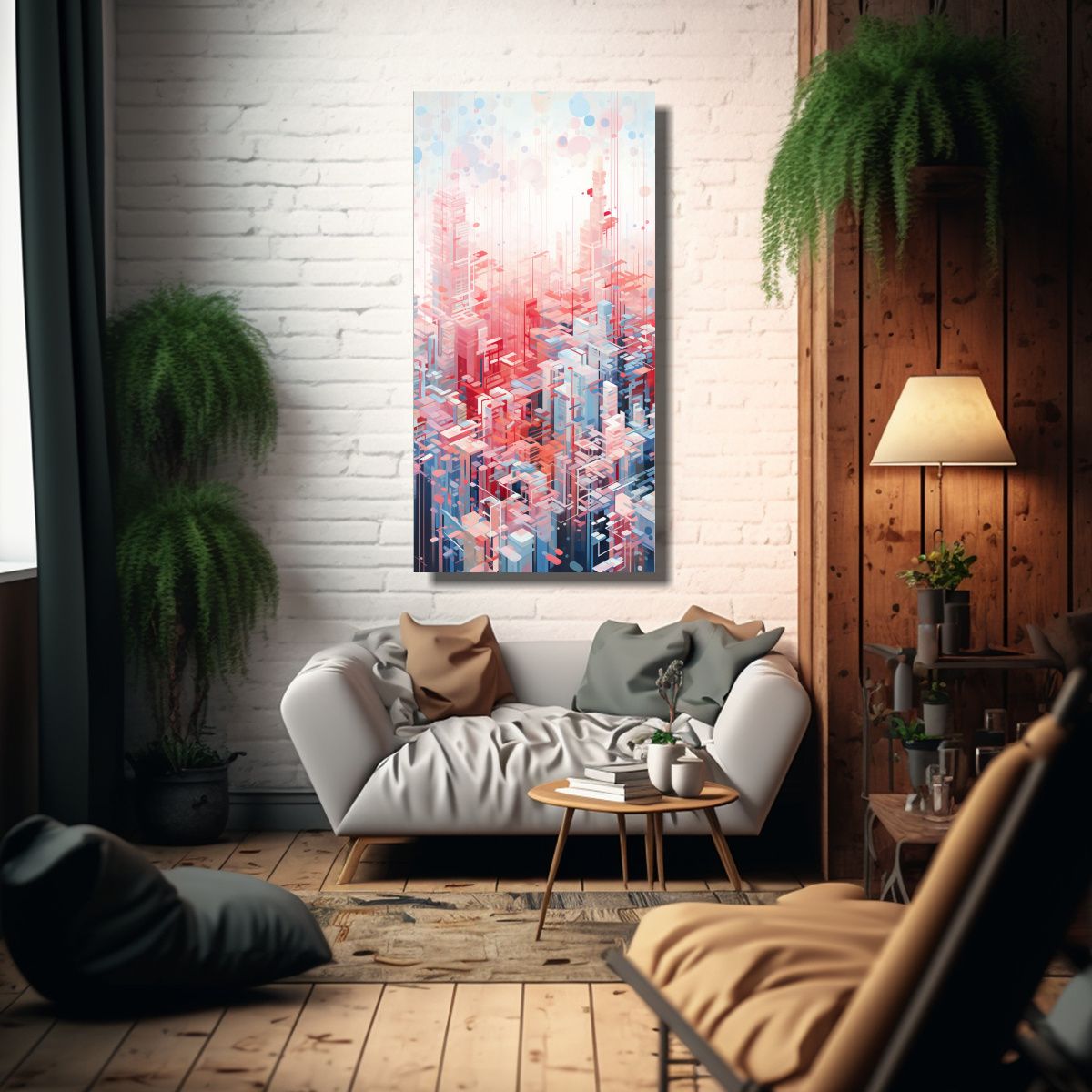 GENERICO - Cuadro Cuadro Bastidor Madera Ciudad Geométrica 70x140 Cm