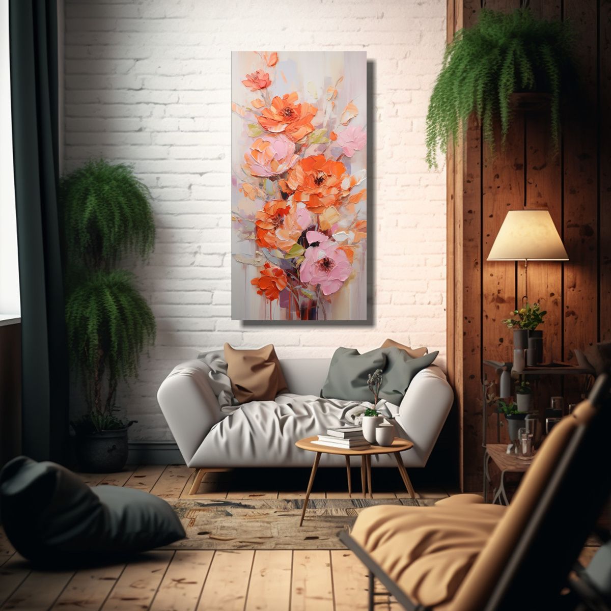 GENERICO - Pintura De Flores En Lienzo En Colores Naranja Y 70x140 Cm