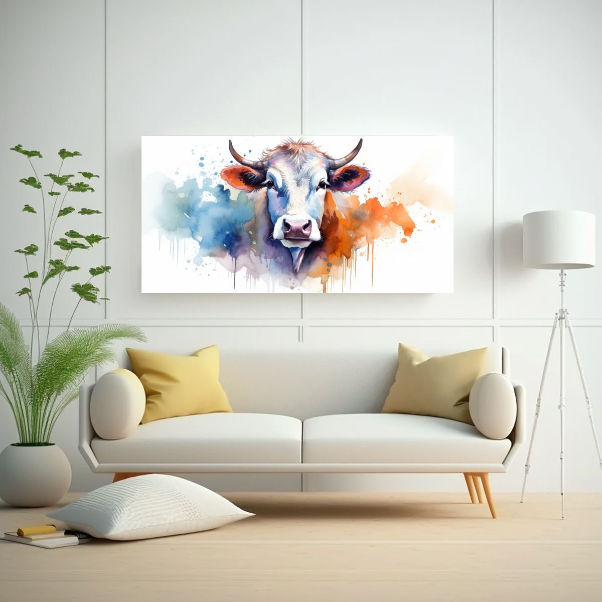 GENERICO - Pintura Decorativa De Vaca Hereford En Acuarelas 140x70 Cm.
