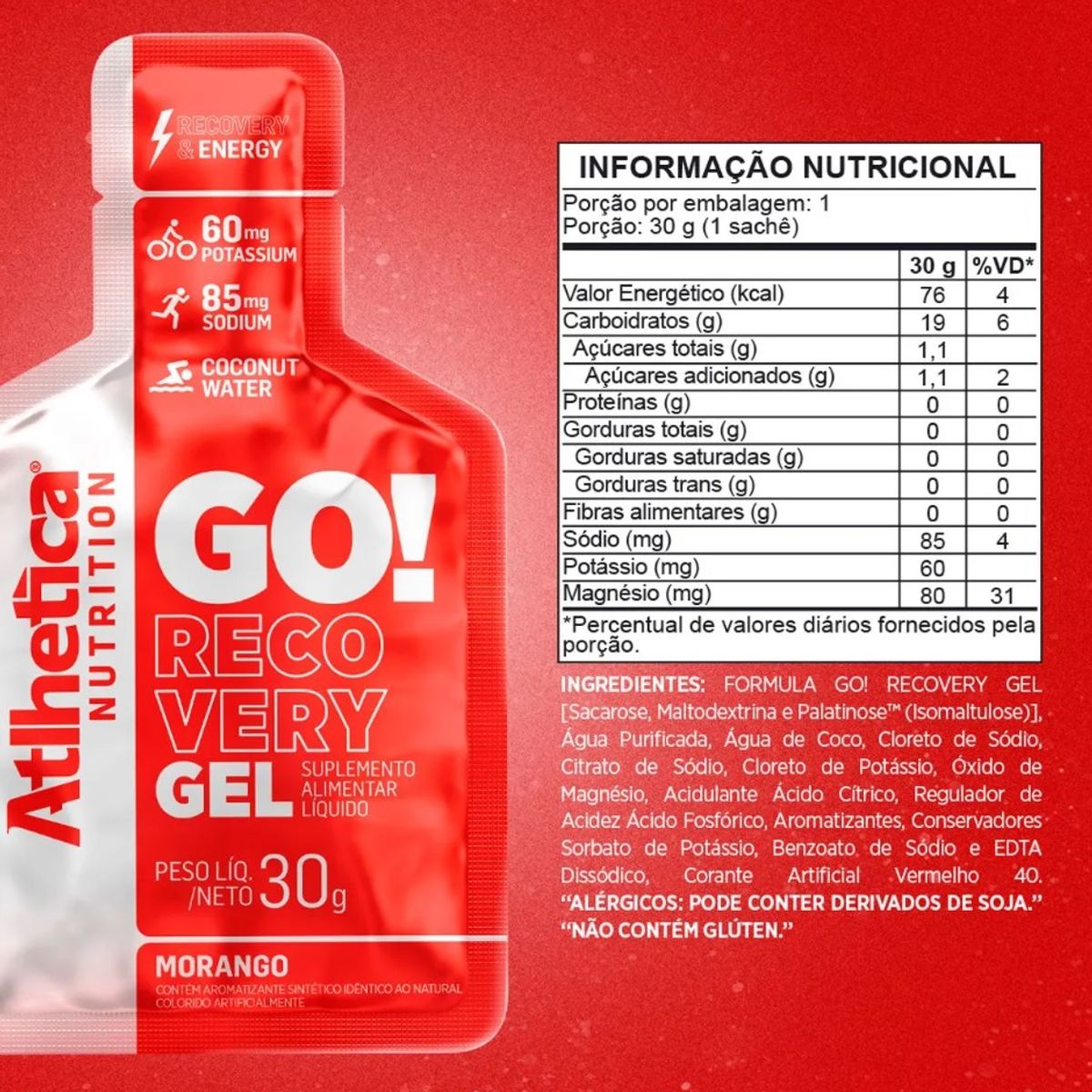 ATLHETICA NUTRITION - GEL ENERGIZANTE GO RECOVERY 30G - SIN CAFEÍNA - 10 UNIDADES