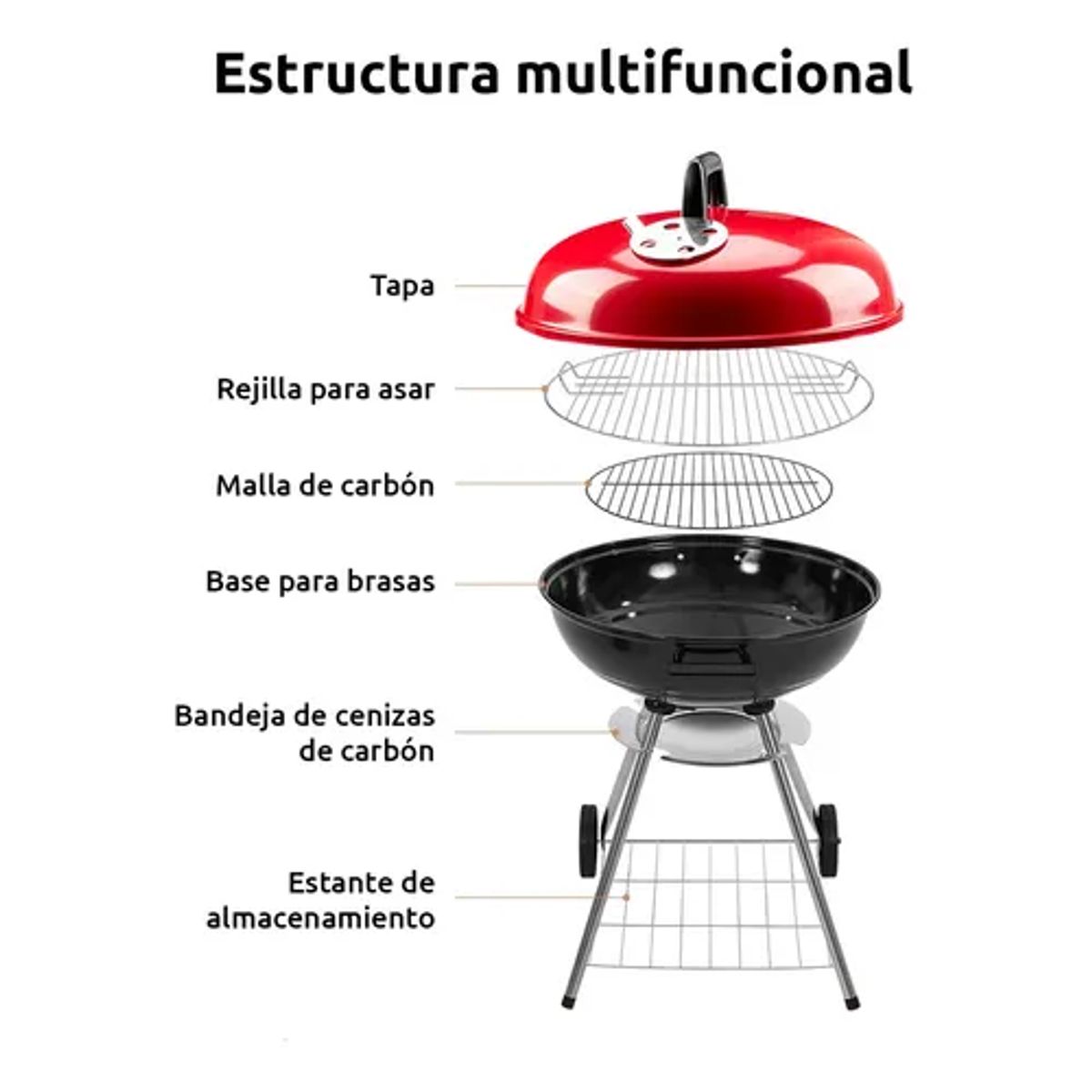 GENERICO - Parrilla Carbon Redonda Móvil Asados Color Negro y Rojo