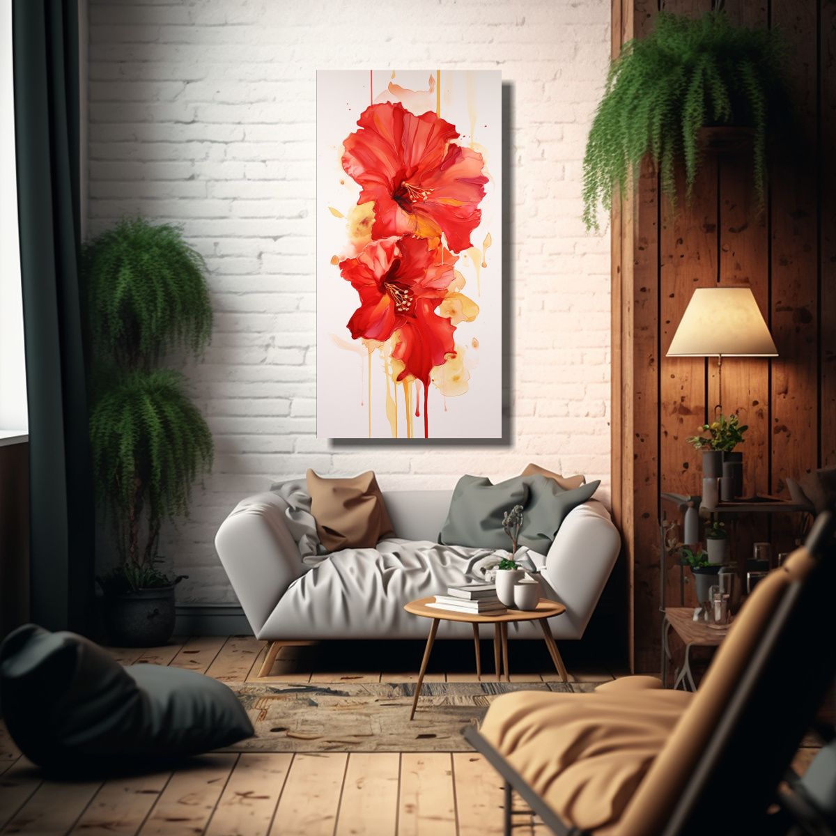 GENERICO - Pintura Abstracta De Hibiscos En Rojo Y Dorado De 70x140 Cm