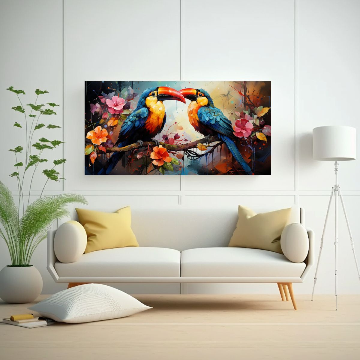 GENERICO - Cuadro Tela Clásico Con Tucanes Estilo Acuarela 120x60 Cm