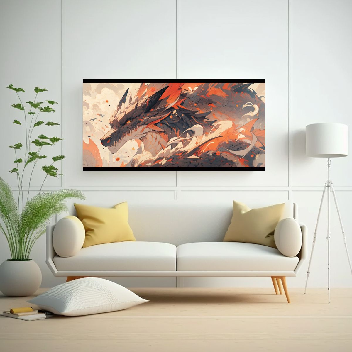 GENERICO - Cuadro De Dragón En Tonos Pastel Y Naranja Para 140x70 Cm