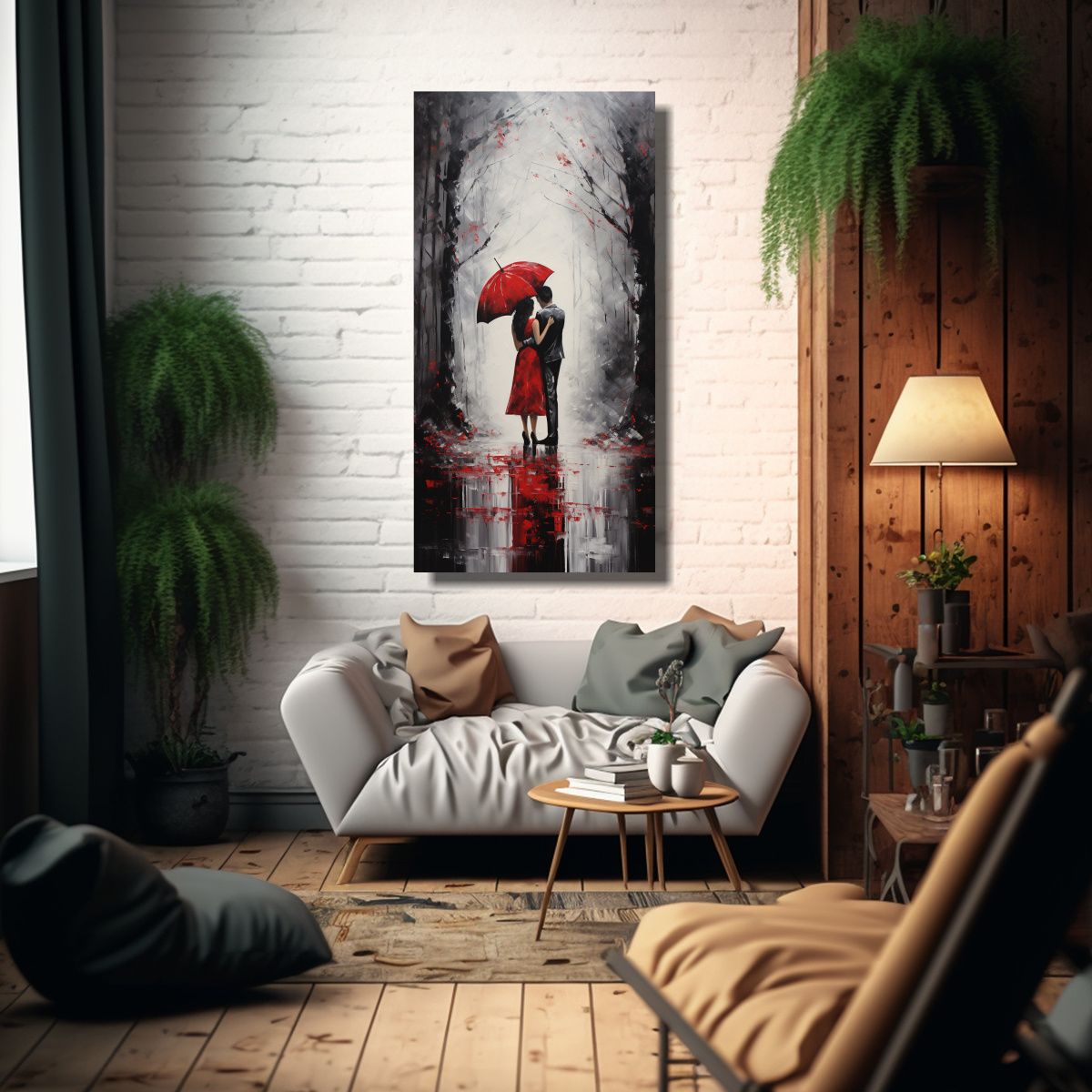 GENERICO - Cuadro Parejas Amor Bajo El Paraguas Rojo Arte 70x140 Cm