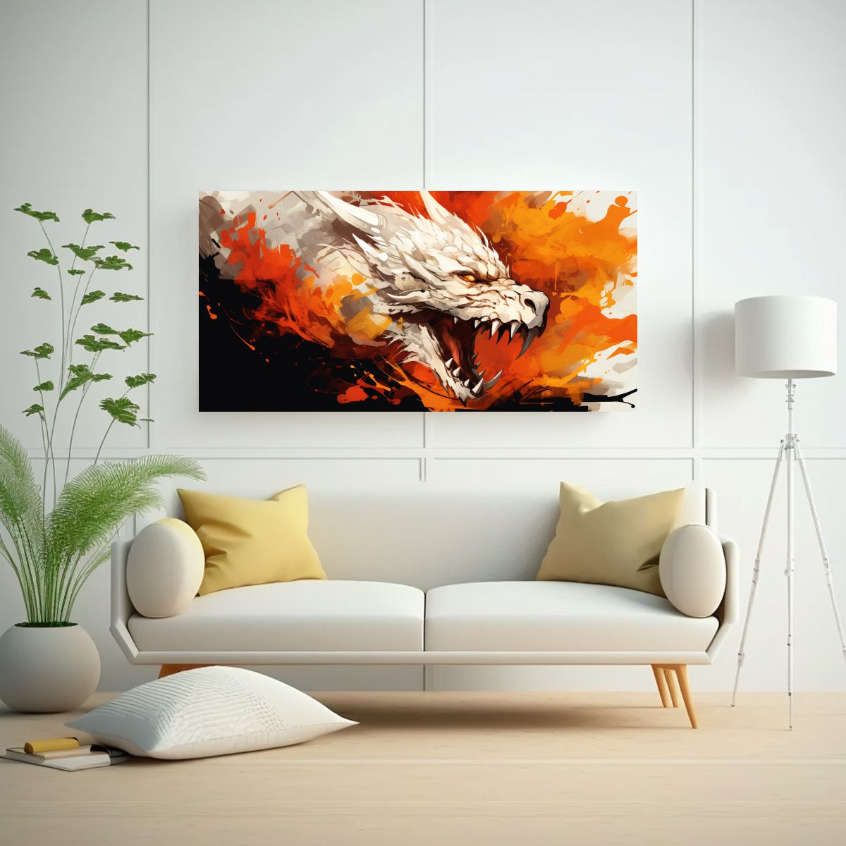 GENERICO - Pintura Vanguardista Dragón Blanco Y Naranja 120x60 Cm