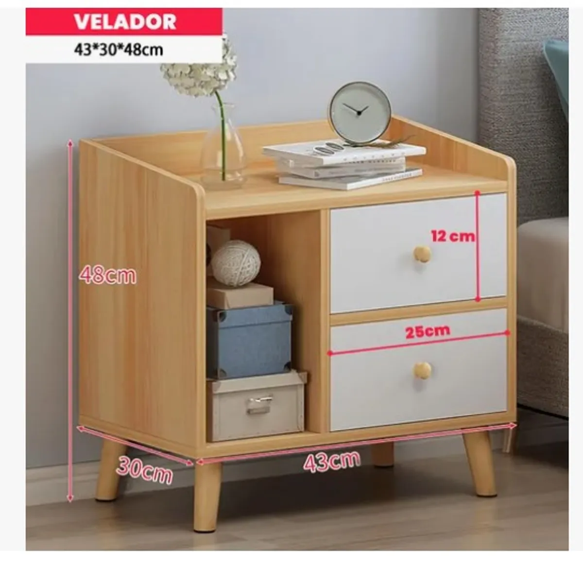 ESHOPANGIE - Velador 2 Cajones Mesa De Noche Retro 48x30x43 Cm