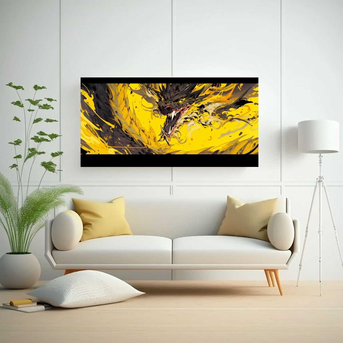 GENERICO - Cuadro Moderno Dragón Amarillo En Bastidor 140x70 Cm