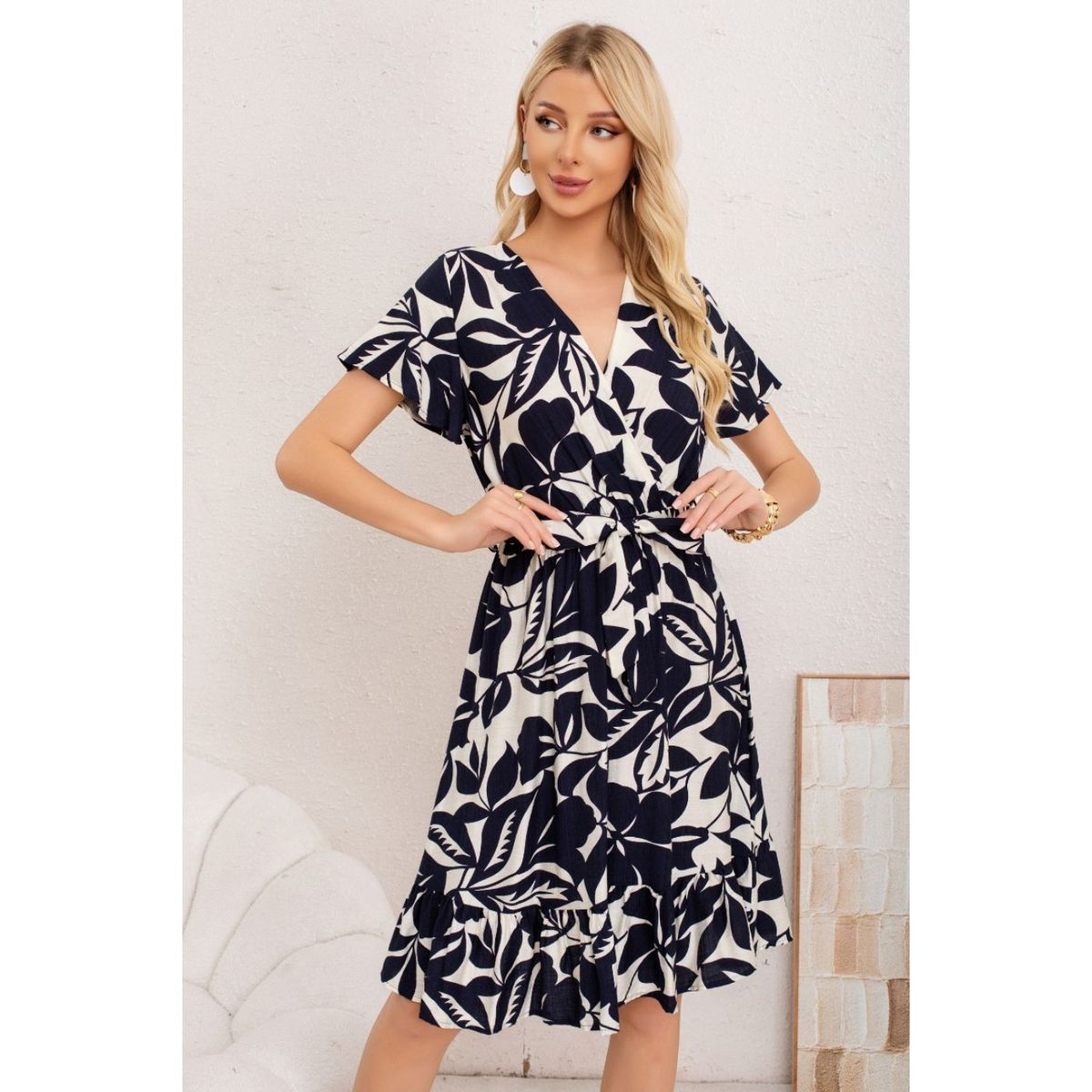 LIKE SHOP - Vestido Corto Mujer Cruzado Manga Corta Estampado 3367