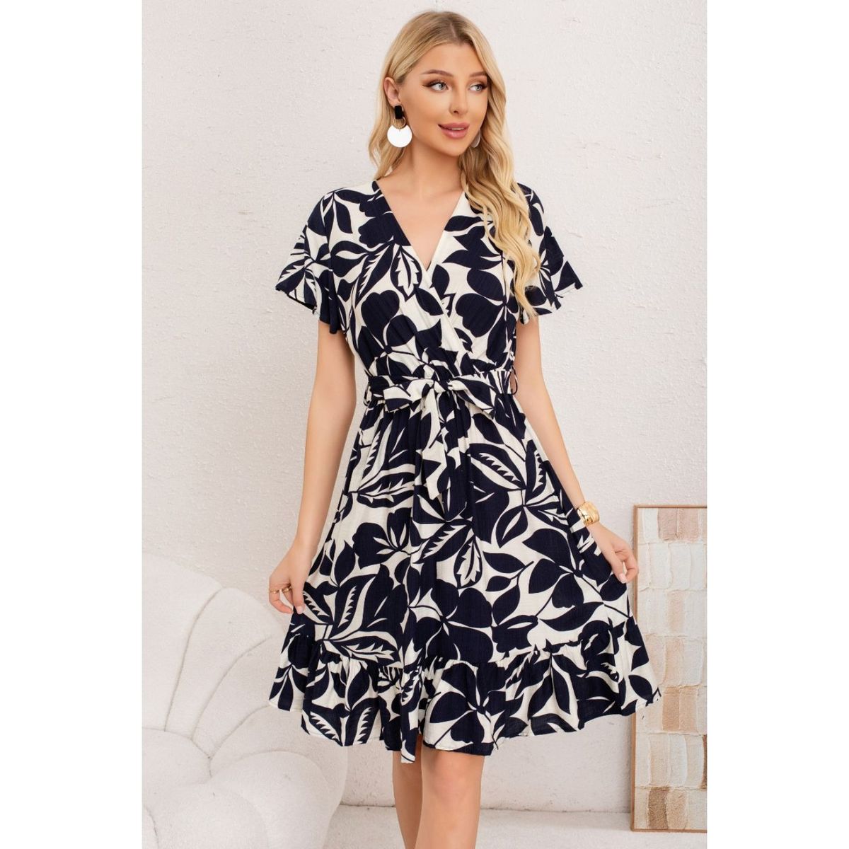 LIKE SHOP - Vestido Corto Mujer Cruzado Manga Corta Estampado 3367