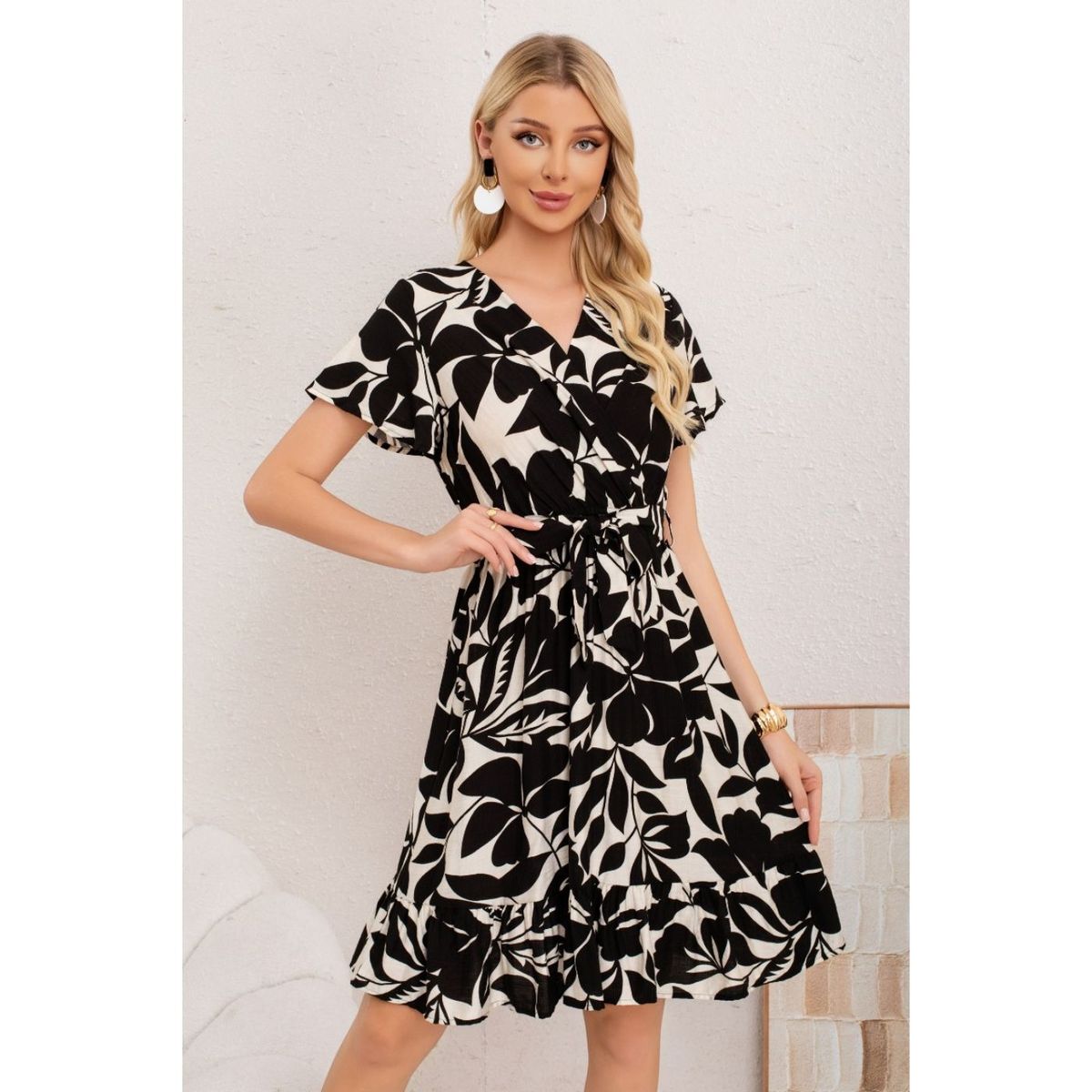 LIKE SHOP - Vestido Corto Mujer Cruzado Manga Corta Estampado 3367