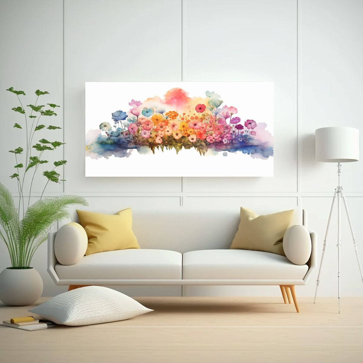 GENERICO - Cuadro Minimalista Arcoíris Sobre Flores En 120x60 Cm