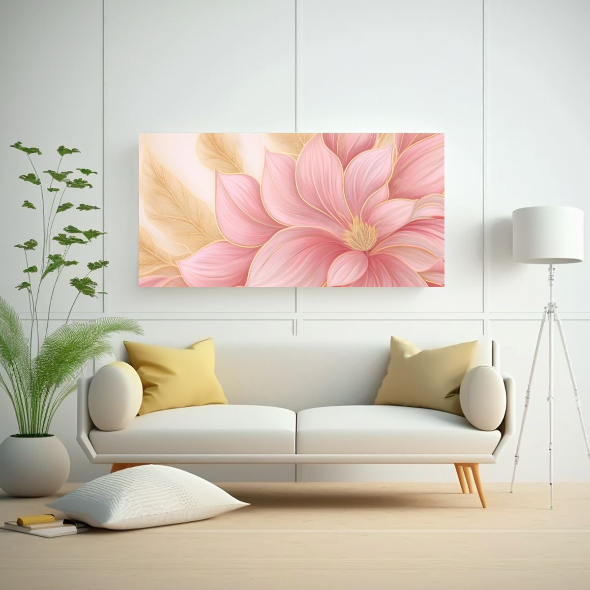 GENERICO - Pintura Floral Abstracta En Acuarela Dorada Y Rosa 140x70 Cm.