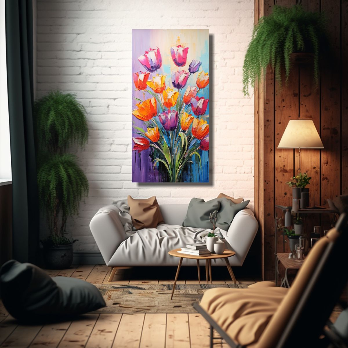GENERICO - Cuadro Moderno De Tulipanes En Colores Vibrantes 70x140 Cm