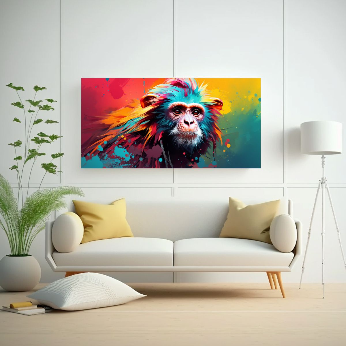 GENERICO - Cuadro Acuarela Mono En Colores Marrón Y Pavo 120x60 Cm
