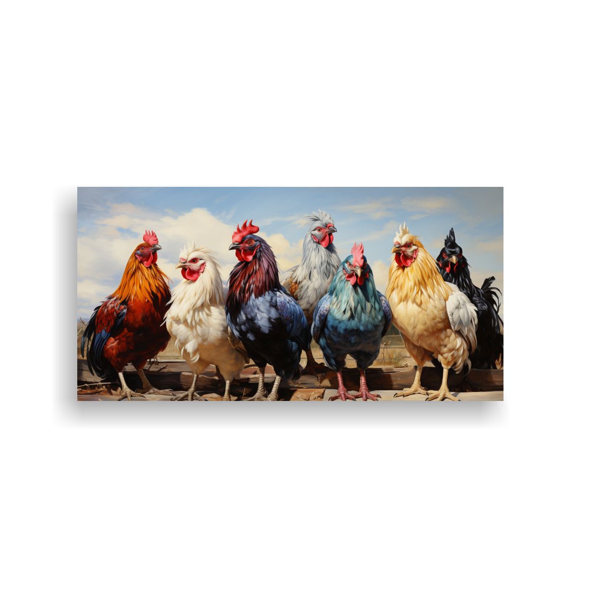 GENERICO - Pintura Original Cuadro Gallos Y Gallinas Estilo 140x70 Cm.