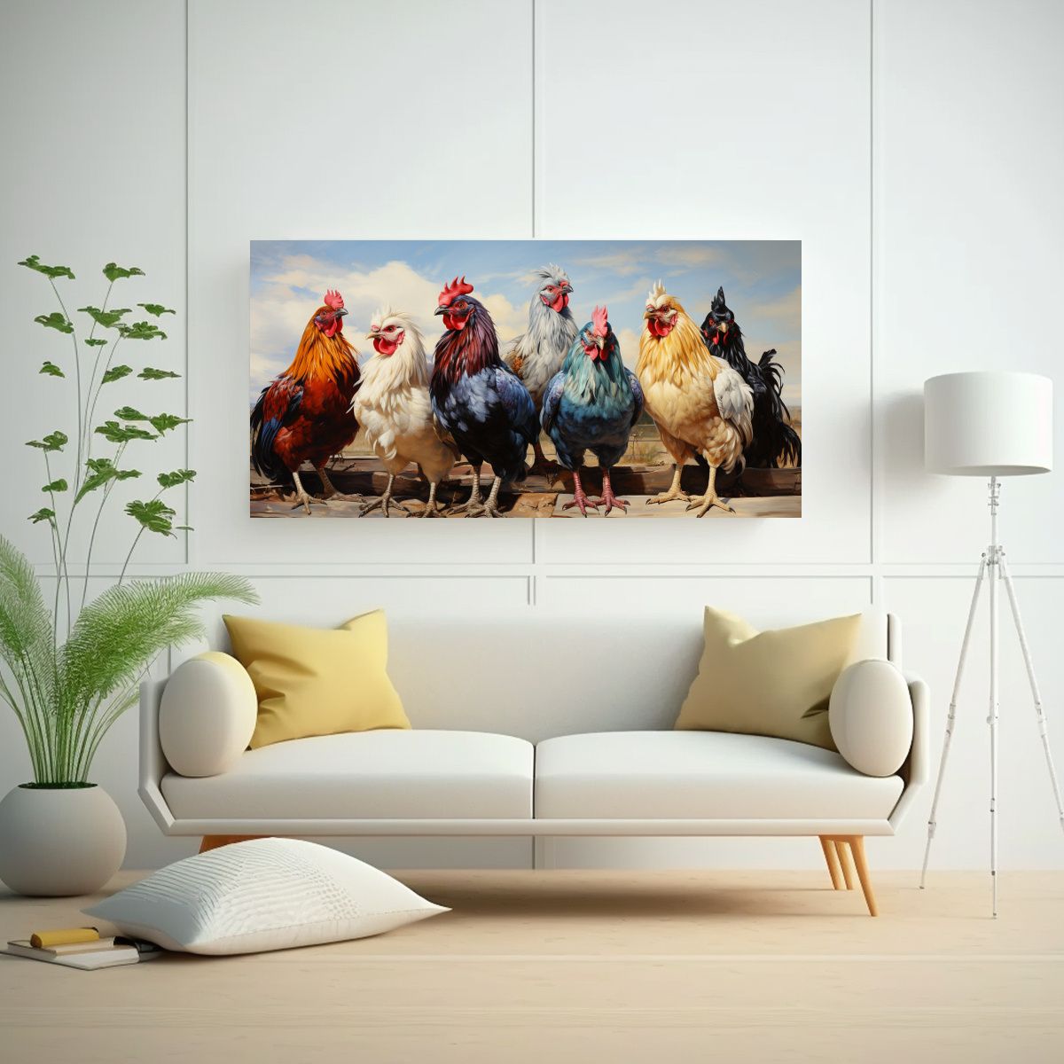 GENERICO - Pintura Original Cuadro Gallos Y Gallinas Estilo 140x70 Cm.