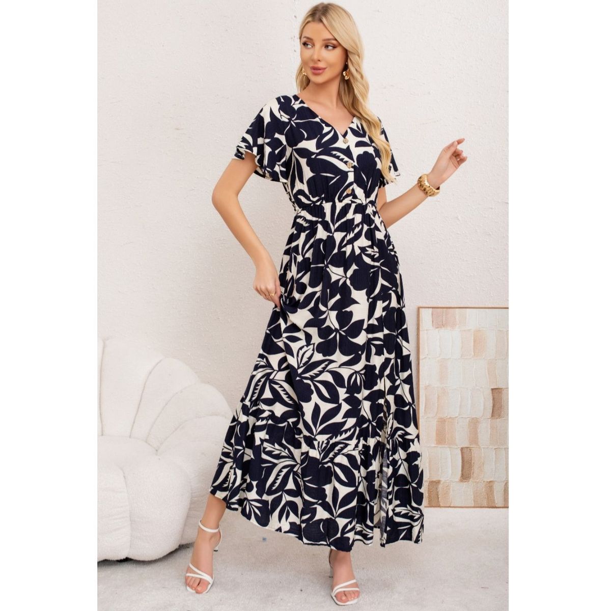 LIKE SHOP - Maxi Vestido Largo Mujer Cruzado Manga Corta Estampado 3368