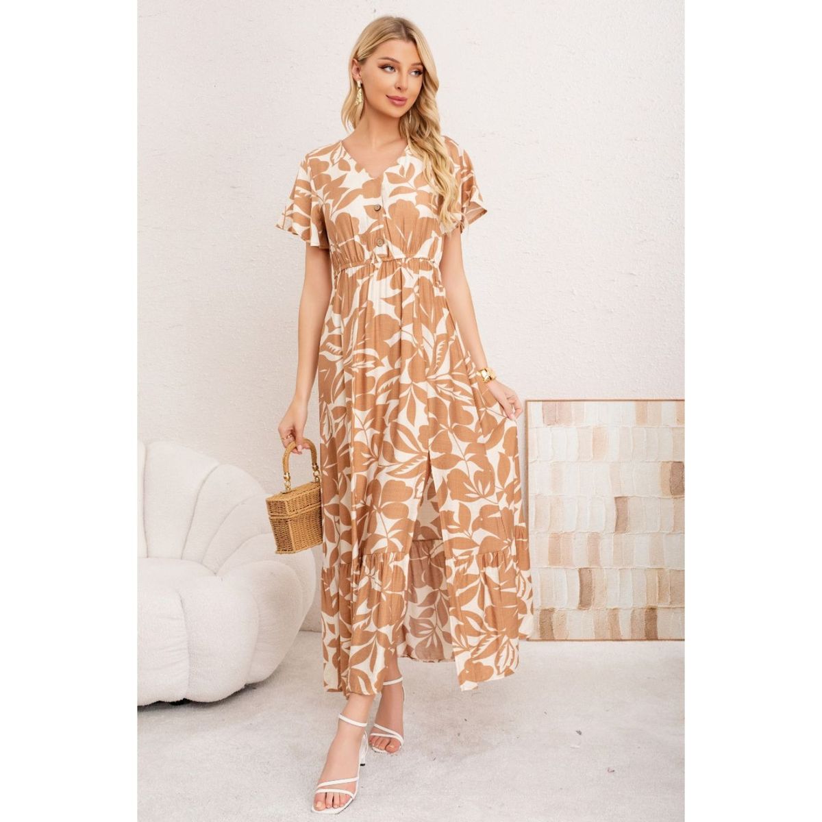 LIKE SHOP - Maxi Vestido Largo Mujer Cruzado Manga Corta Estampado 3368