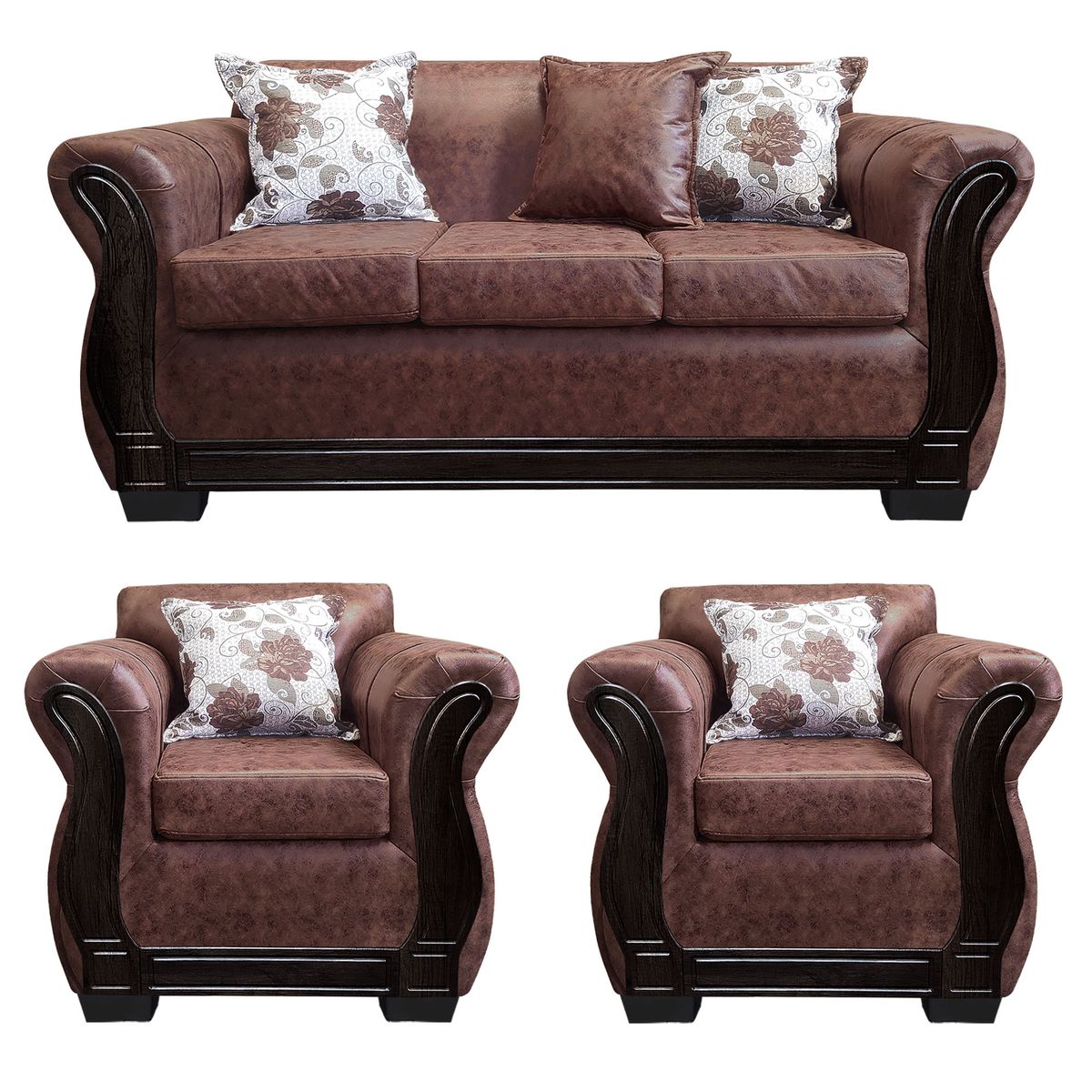 AMERICA DECORA - Living Con Resorte Estructural 5 Personas 3+1+1 Lisbon Envejecido Café Oscuro