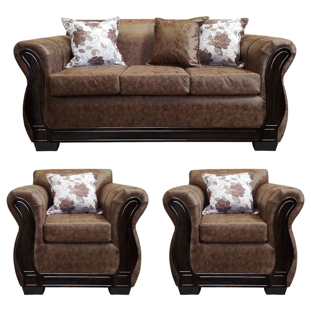 AMERICA DECORA - Living Con Resorte Estructural 5 Personas 3+1+1 Lisbon Envejecido Café Claro