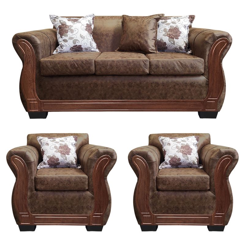 AMERICA DECORA - Living Con Resorte Estructural 5 Personas 3+1+1 Lisbon Envejecido Café Claro X