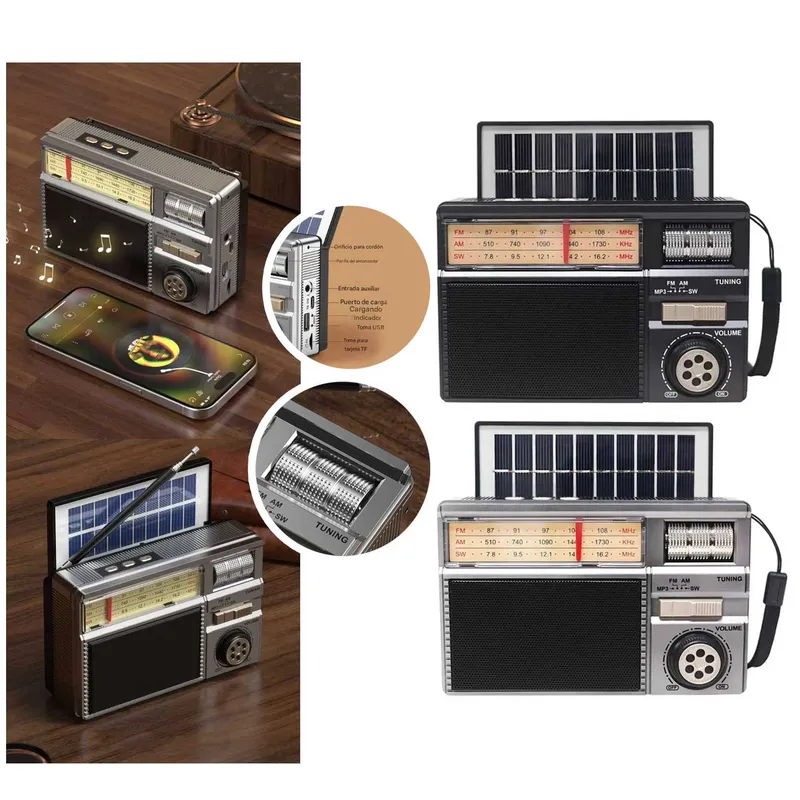 GENERICO - Radio Vintage Solar Recargable Bluetooth USB SD FM AM