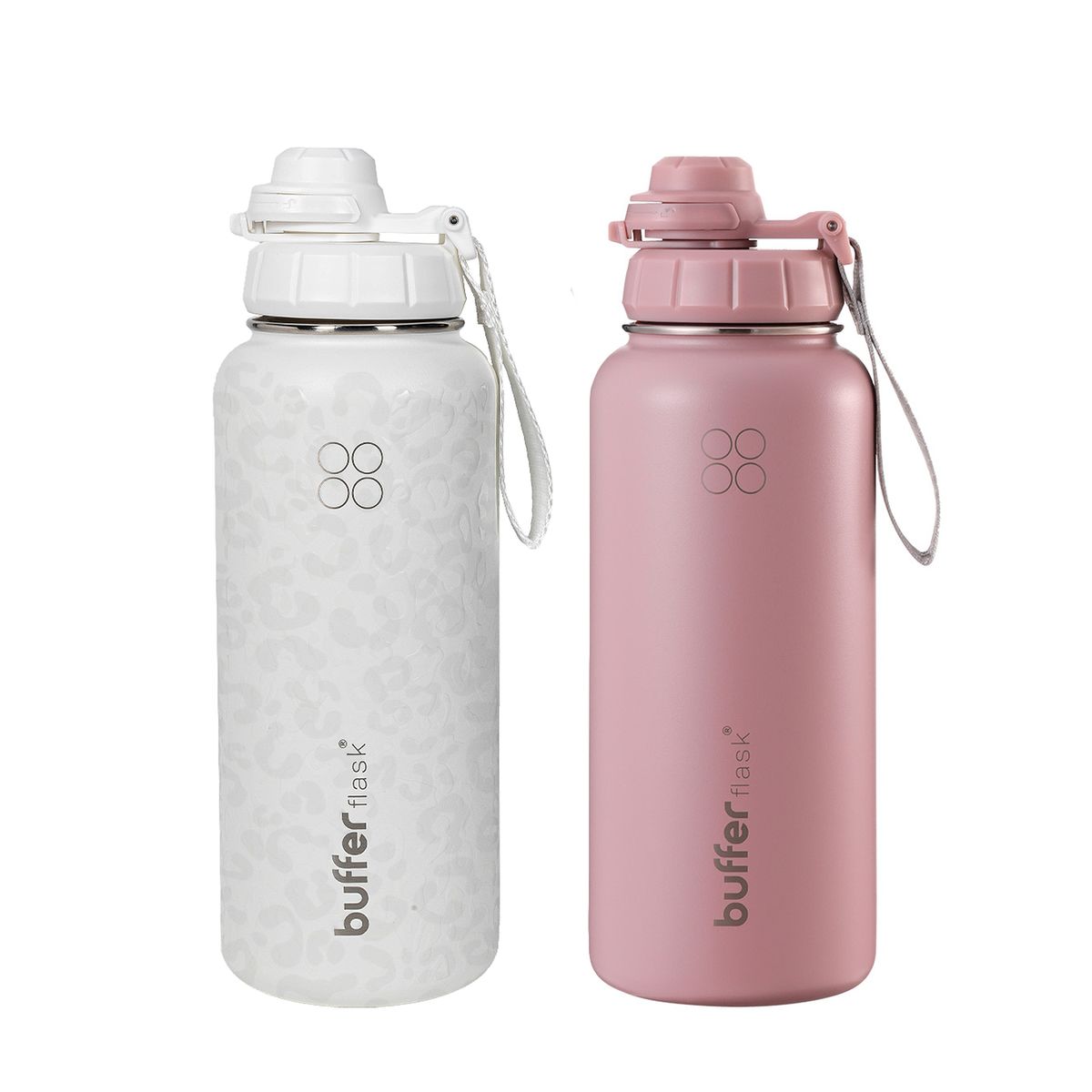 BUFFER FLASK - Termo Botella Agua Termica Set X2 Acero Inox Buffer + 4 Tapa Ice Leopard + Velvet Pink