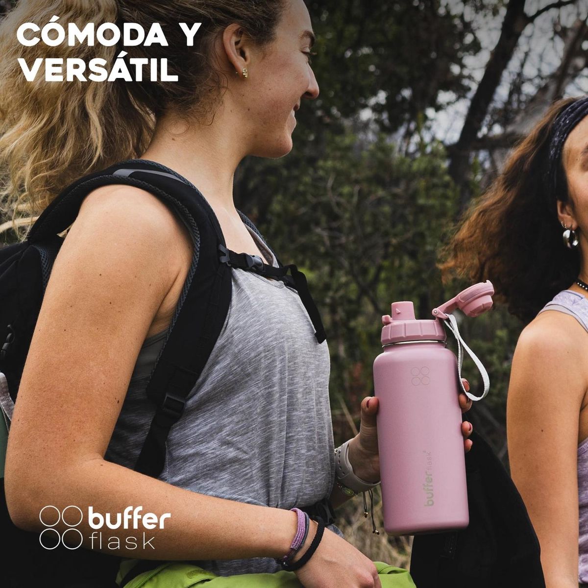 BUFFER FLASK - Termo Botella Agua Termica Set X2 Acero Inox Buffer + 4 Tapa Ice Leopard + Velvet Pink