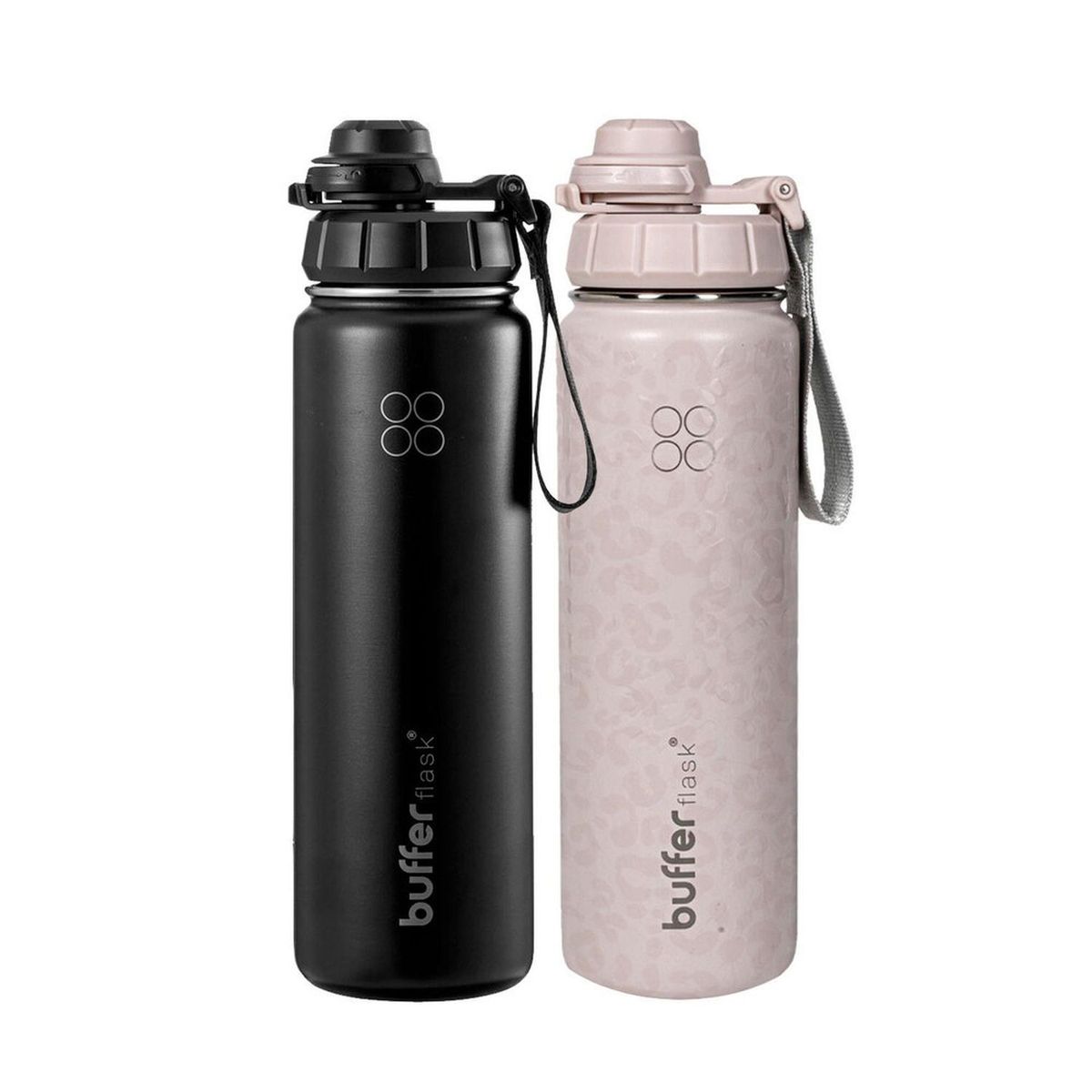 BUFFER FLASK - Termo Botella Set x2 Agua Termica Acero Inox+4 Tapas - Negro