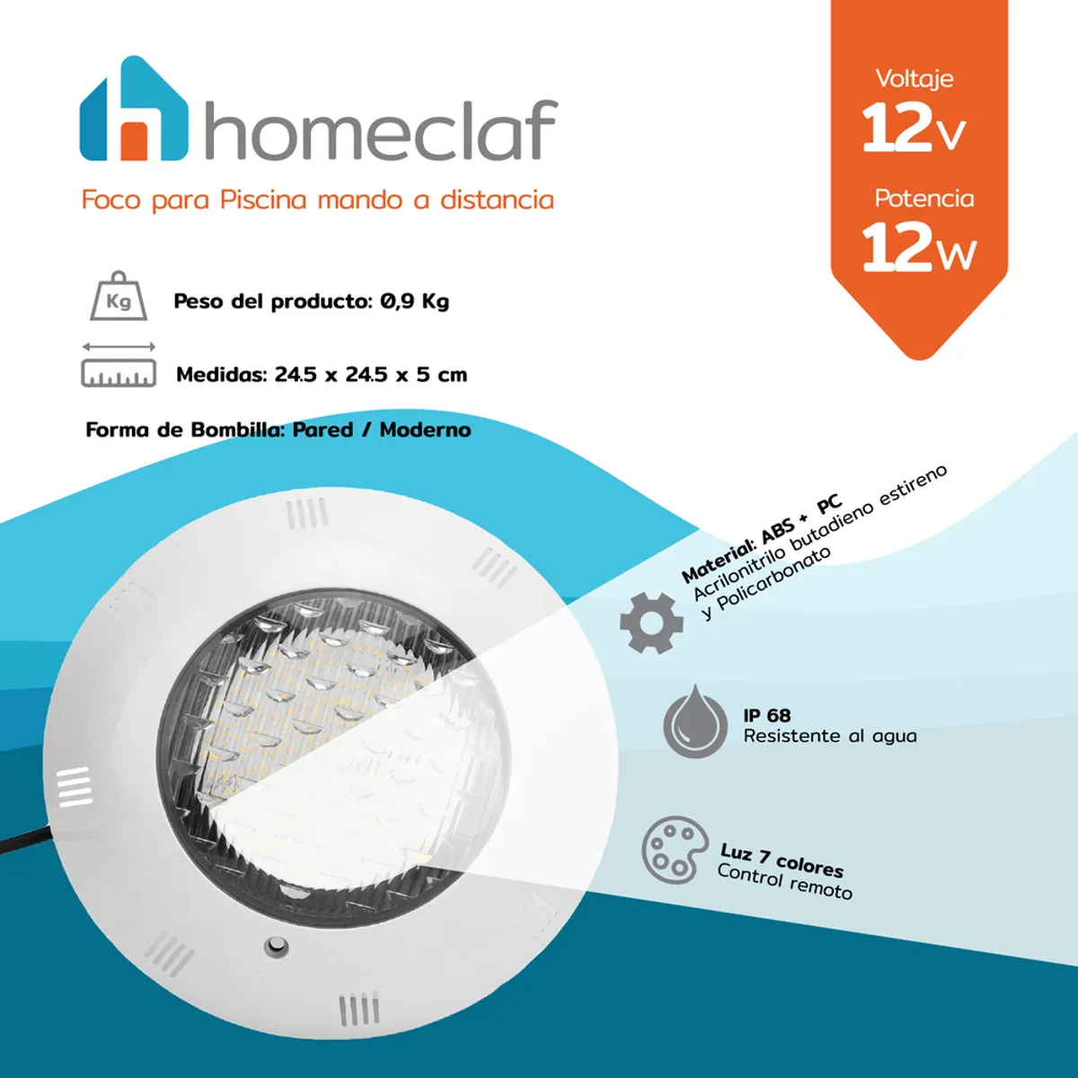 HOMECLAF - Foco Led Piscina 12w 7 Colores Con Control Remoto