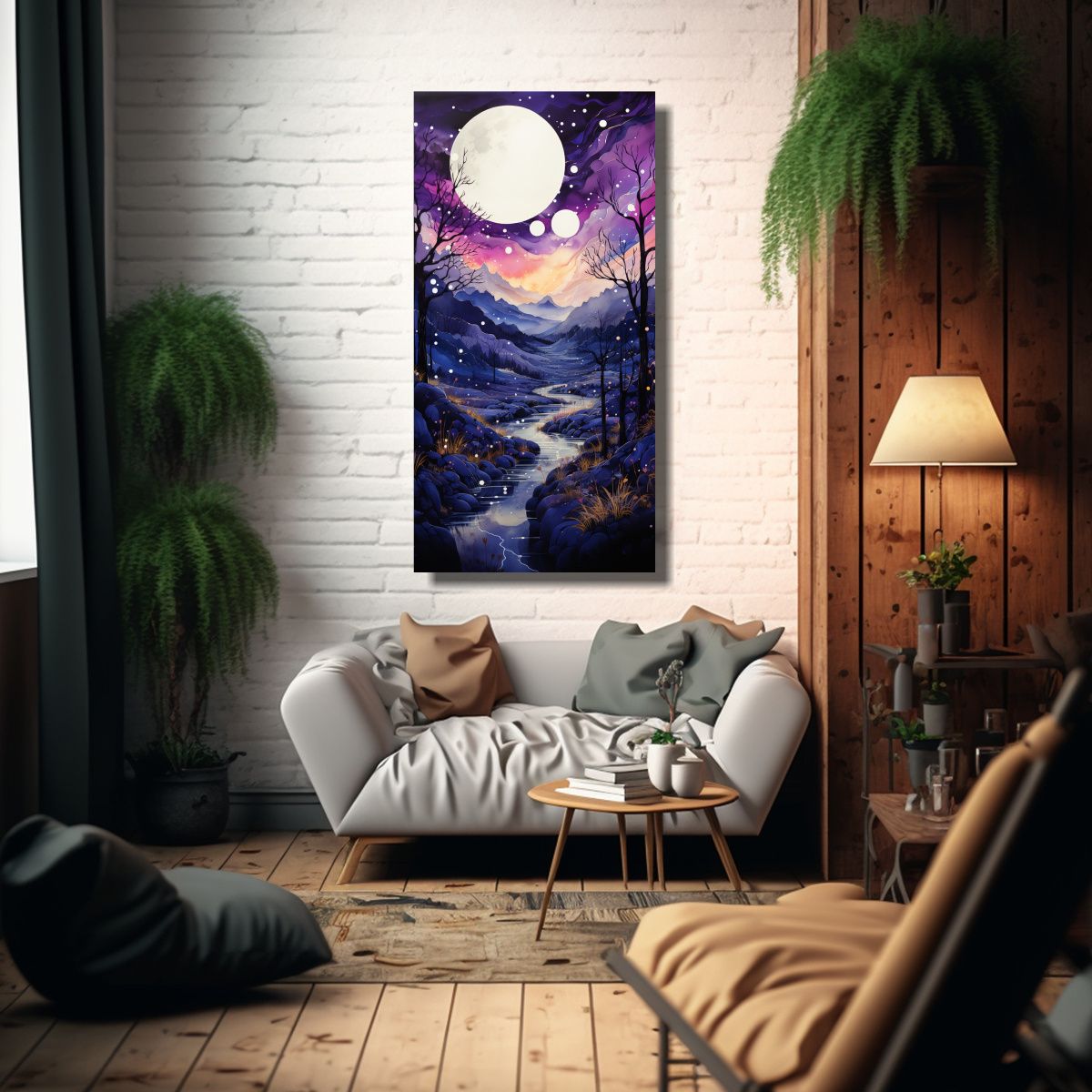 GENERICO - Luna Montaña Pintura Decorativa Arte Cuadro 70x140 Cm