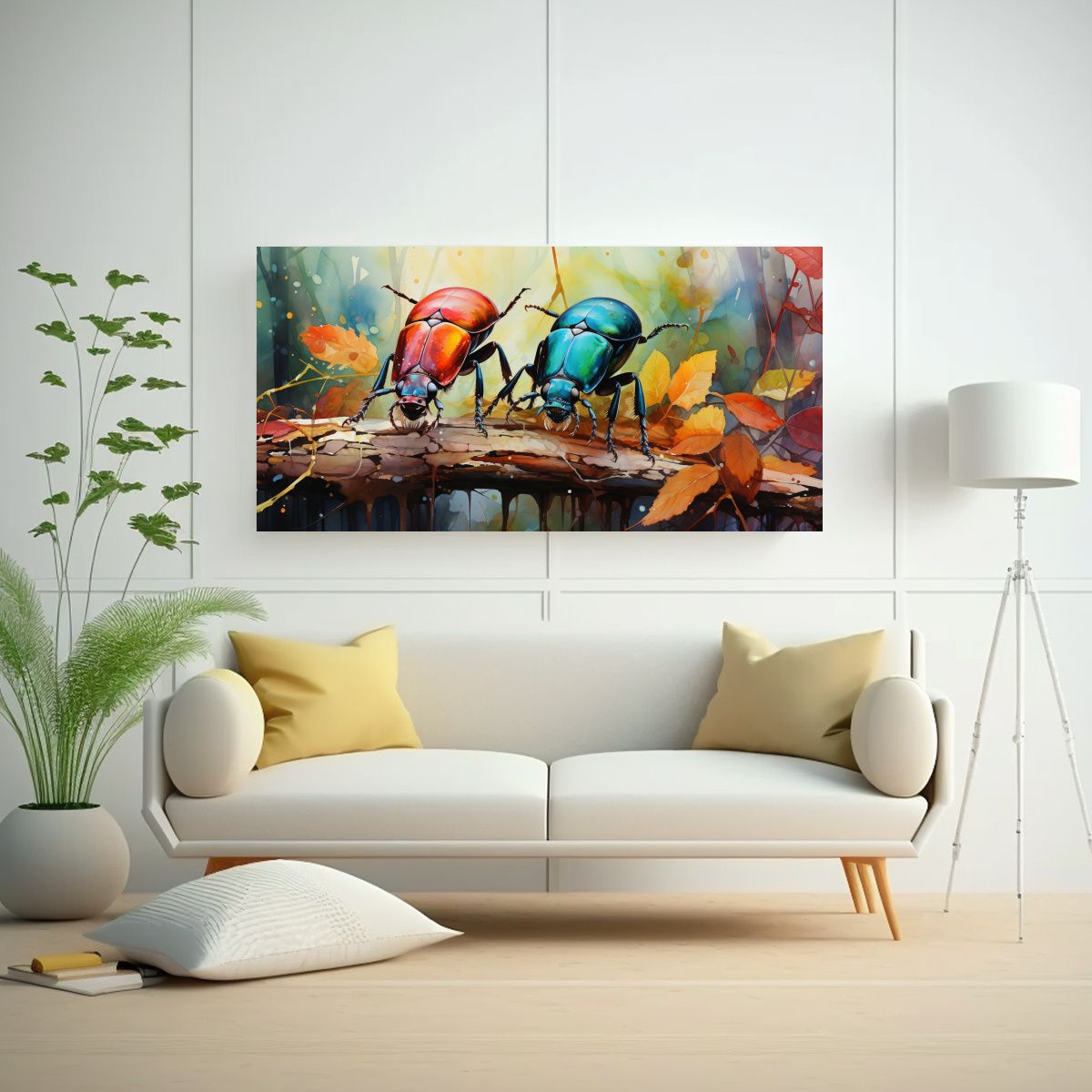 GENERICO - Cuadro Colorida De Escarabajos En Acuarela Estilo 140x70 Cm.